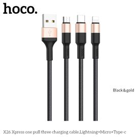  Дата-кабель HOCO X26 Xpress 3-in-1 charging cable iP+Micro+Type-C, 1м, (черный/золотой) 