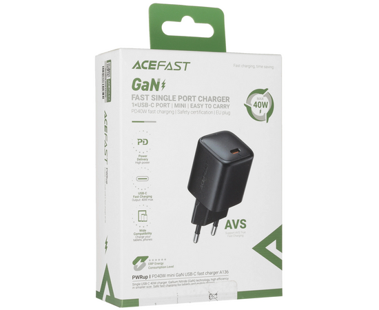 Зарядное устройство ACEFAST A136 PD40W mini GaN USB-C fast charger Black (EU) 